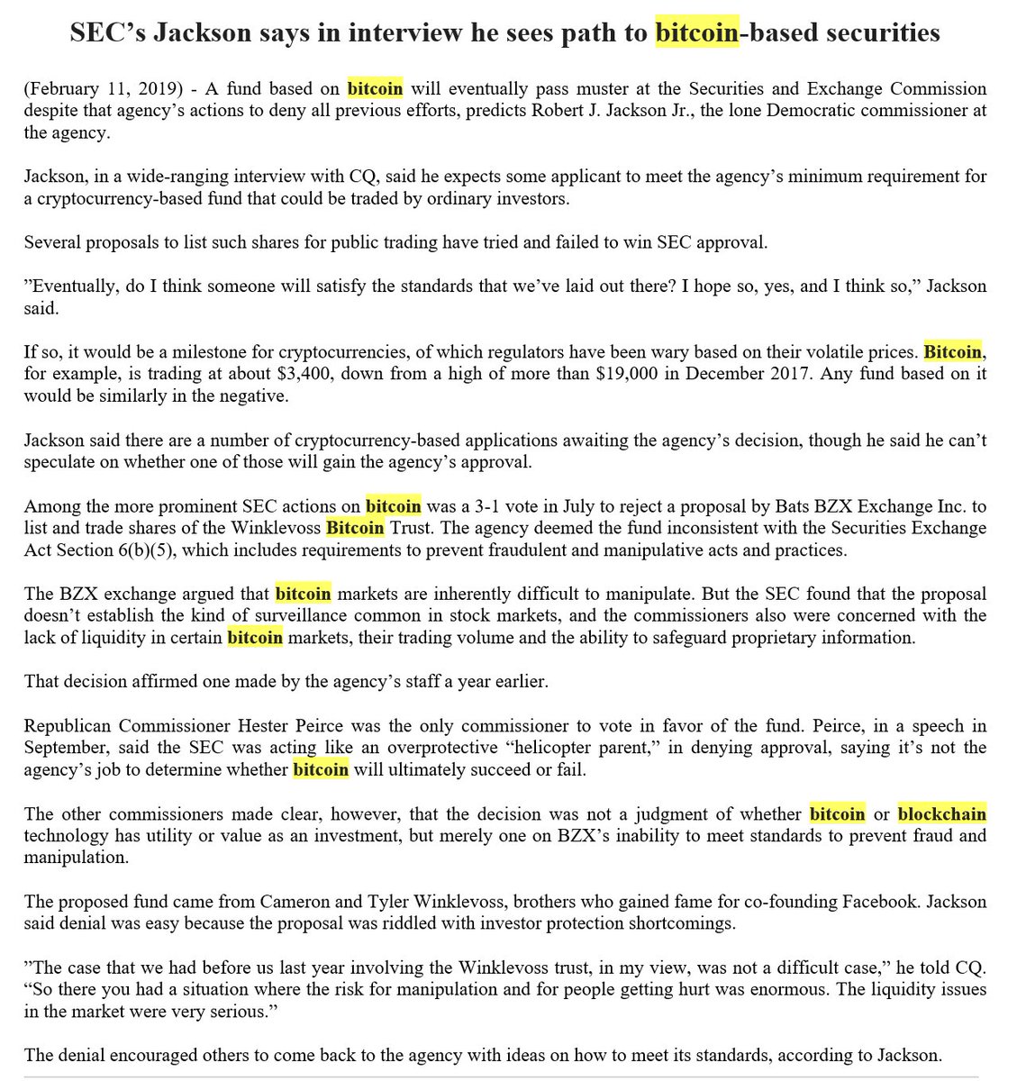 SEC Commissioner Jackson in an interview to be published next weeks is  optimistic that a 