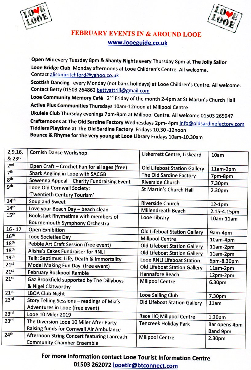 Looe Visitor Information Centre (@looelove) on Twitter photo February events, so far <a href="/cornishtimes/">The Cornish Times</a> <a href="/LooeRowingClub/">Looe Rowing Club</a> <a href="/LooeMCG/">LooeMCG</a> <a href="/LooeHeritage/">Looe Harbour Heritage Centre</a> <a href="/looefilms/">Cinema by the Sea</a> @cornishhorizons <a href="/cornishholiday/">Cornish Collection</a> <a href="/Looenews/">Looenews</a> <a href="/looedr/">Looe Directory</a> <a href="/ArmandToms/">Armand Toms</a> <a href="/EdwinaHannaford/">Edwina Hannaford</a> <a href="/LooePioneers/">Looe Pioneers Running Club</a> #lovelooe February events, so far <a href="/cornishtimes/">The Cornish Times</a> <a href="/LooeRowingClub/">Looe Rowing Club</a> <a href="/LooeMCG/">LooeMCG</a> <a href="/LooeHeritage/">Looe Harbour Heritage Centre</a> <a href="/looefilms/">Cinema by the Sea</a> @cornishhorizons <a href="/cornishholiday/">Cornish Collection</a> <a href="/Looenews/">Looenews</a> <a href="/looedr/">Looe Directory</a> <a href="/ArmandToms/">Armand Toms</a> <a href="/EdwinaHannaford/">Edwina Hannaford</a> <a href="/LooePioneers/">Looe Pioneers Running Club</a> #lovelooe