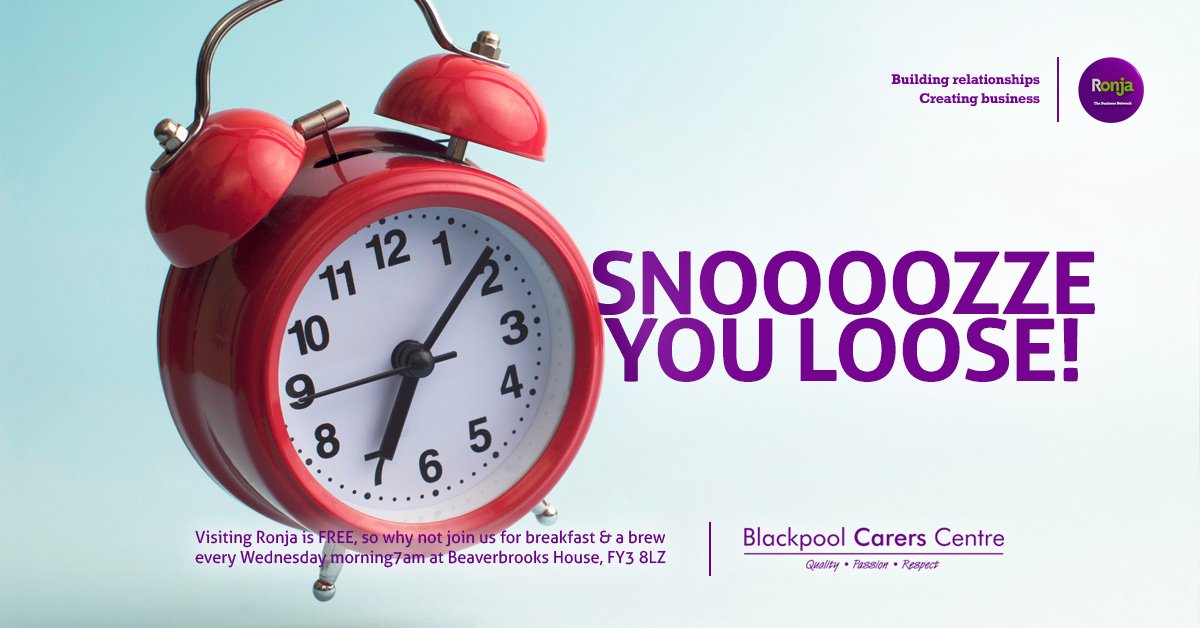 💤⏰SNOOZE YOU LOOSE!⏰💤
We're feeling ready for another great meeting tomorrow morning! Are you the kind of person who stays in bed or wakes up and grows your business?? Join us every Wednesday morning 7am at Blackpool Carers Centre! #Business #Network #Lancashire