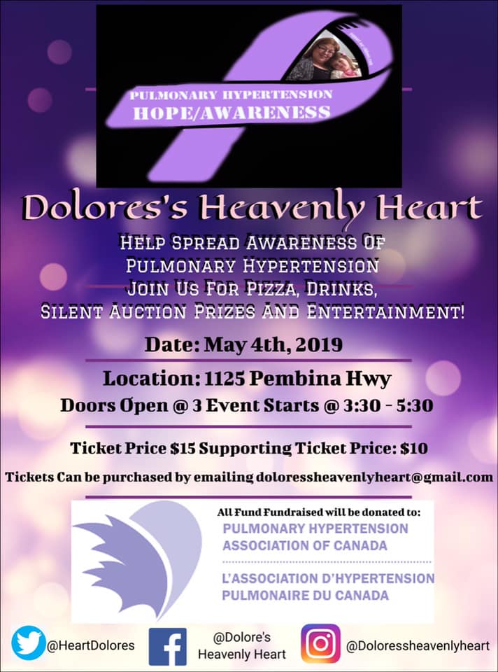 Join the Dolores’s Heavenly Heart on
Saturday, 4 May 2019 at Fort Garry Legion No. 90 in #Winnipeg to raise pulmonary hypertension awareness and funds for PHA Canada. facebook.com/groups/2897705…