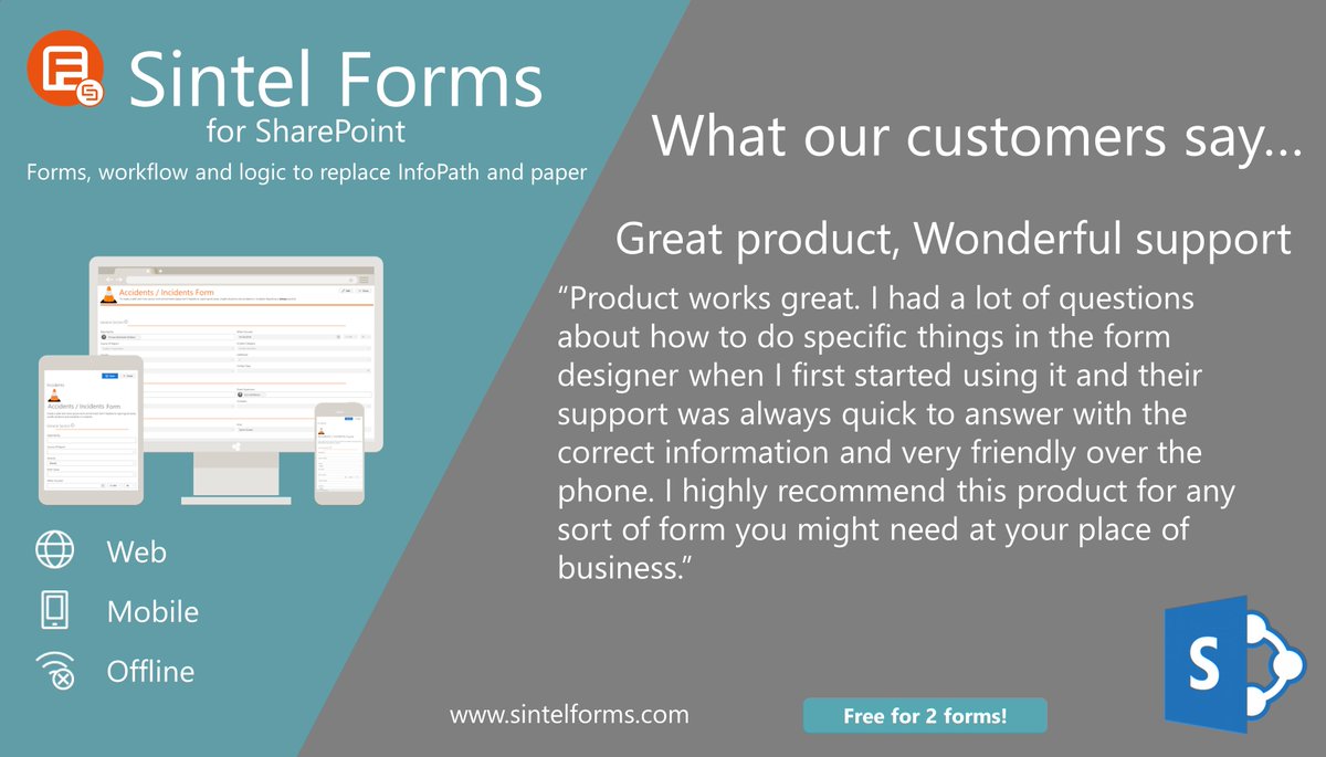 sintelltd's tweet image. Another happy customer using #SharePointApp #SintelForms for #SharePoint check out our reviews on #MSFTAppSource buff.ly/2PVjO75  or visit our product page buff.ly/2HTB6kU