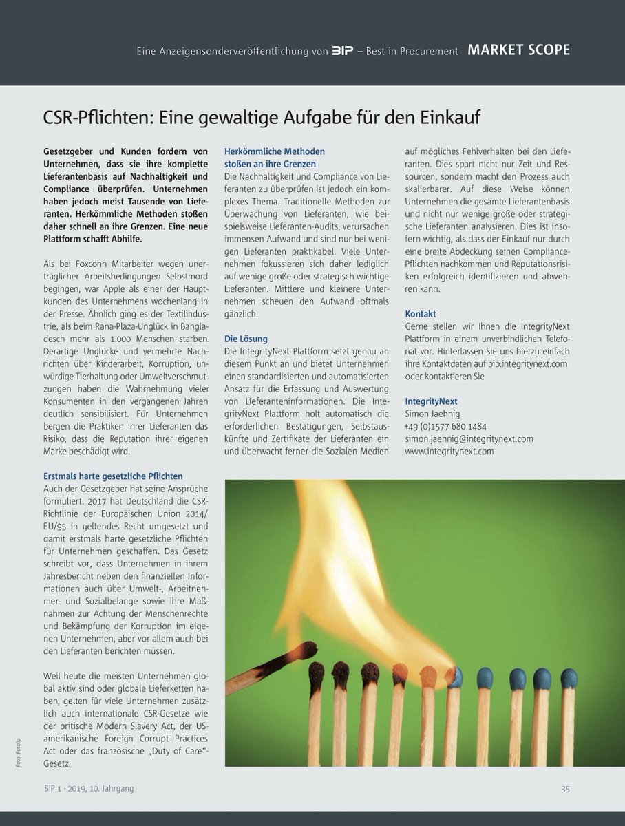 integrity_next's tweet photo. IntegrityNext in der aktuellen Ausgabe der BIP, dem Fachmagazin des @BMEeV für Manager in Einkauf und Logistik. #CSR #SupplyChain #IntegrityNext https://t.co/BkHbfU0qJU