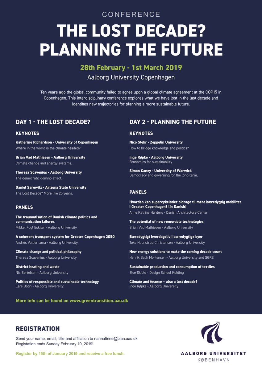 RHaarloev's tweet photo. I anledning af årtiet for de fejlslagne COP15 forhandlinger i København, afholder min forskningsgruppe under titlen ‘The Lost Decade - Planning the Future’ klimakonference på AAU i København. Se mere på plakaten og tilmeld dig hos min kollega nannafinne@aau.dk https://t.co/IzKHfjsV3Q