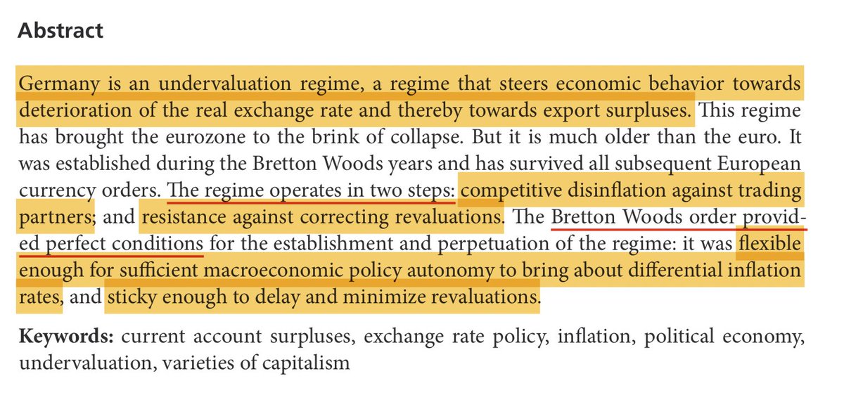 "Germany is an undervaluation regime" – and has been since Bretton Woods. 

Key elements: competitive disinflation against trading partners + resistance against correcting revaluations. 

Important new paper by <a href="/HopnerMartin/">Martin Höpner</a> that should spark debate. 1/5
mpifg.de/pu/mpifg_dp/20…
