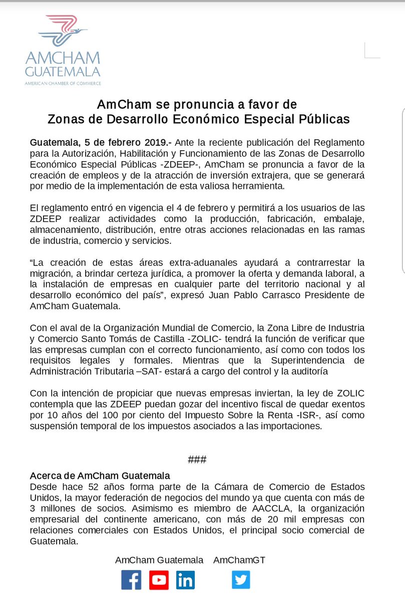 AmChamGT's tweet photo. Le compartimos el siguiente comunicado con la postura de #AmChamGT ante el Reglamento sobre zonas de Desarrollo Económico Especial Públicas. https://t.co/MkErUpPnn5