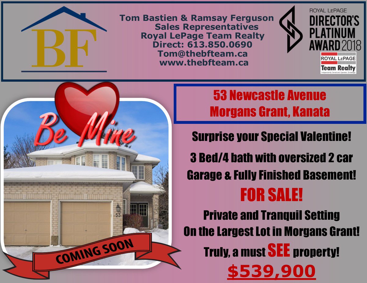tombastien's tweet photo. Now that the big announcement has taken place, it is time to get down to business!! We would like to introduce you to our NEW Listing that will be going MLS live on Valentine's Day ~ 53 Newcastle Ave is a stunning property on the largest lot in Morgans Grant.
#thebfteam #kanata https://t.co/0KkfuKiuhJ