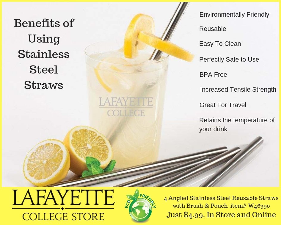 LafColStore's tweet photo. The College Store encourages recycling and we endorse environmentally friendly products - besides offering recycled notebooks and used textbooks, we also stock metal drinking straws - check out the benefits! #GreeningLafayette #LafCol https://t.co/VPNbyG8uc1