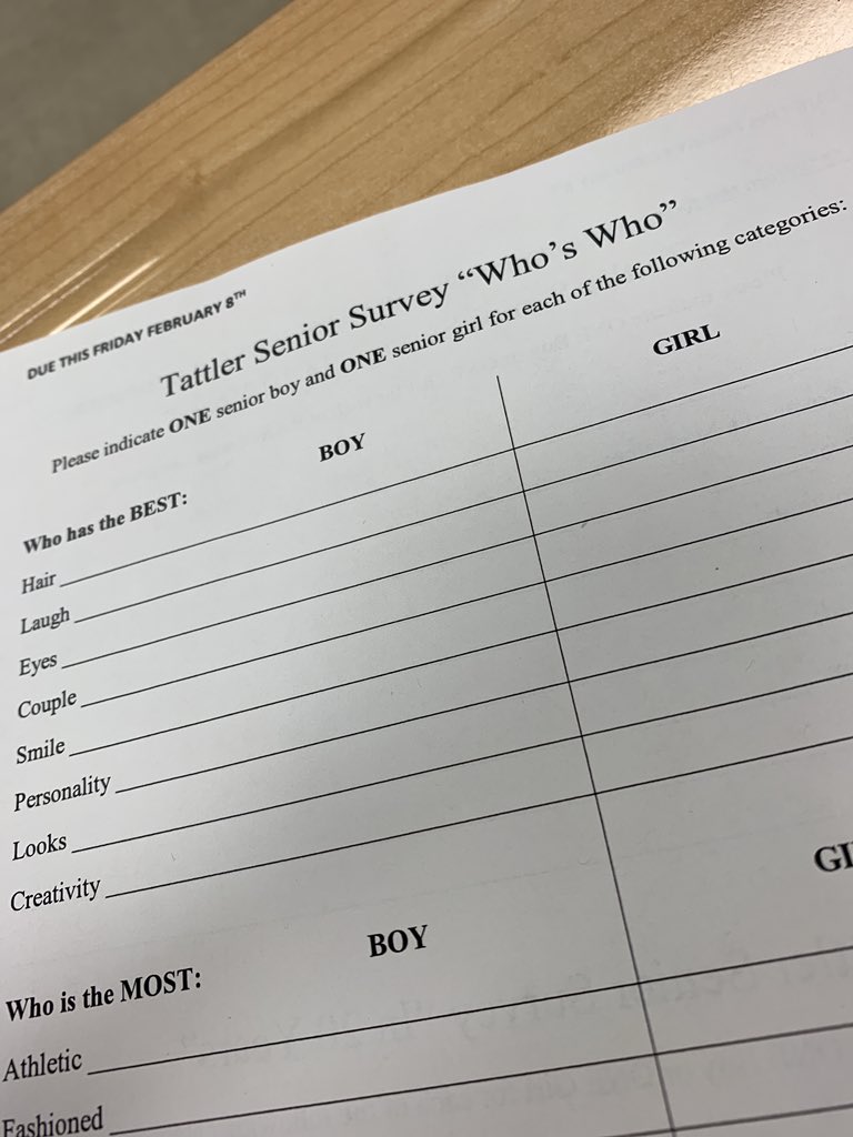 LHS__Tattler's tweet photo. Class of 2019, don’t forget about senior surveys!! Return to either your English teacher, Mrs. Myers or an editor in Room E127. Due: February 8th https://t.co/0BX6GUHmS5