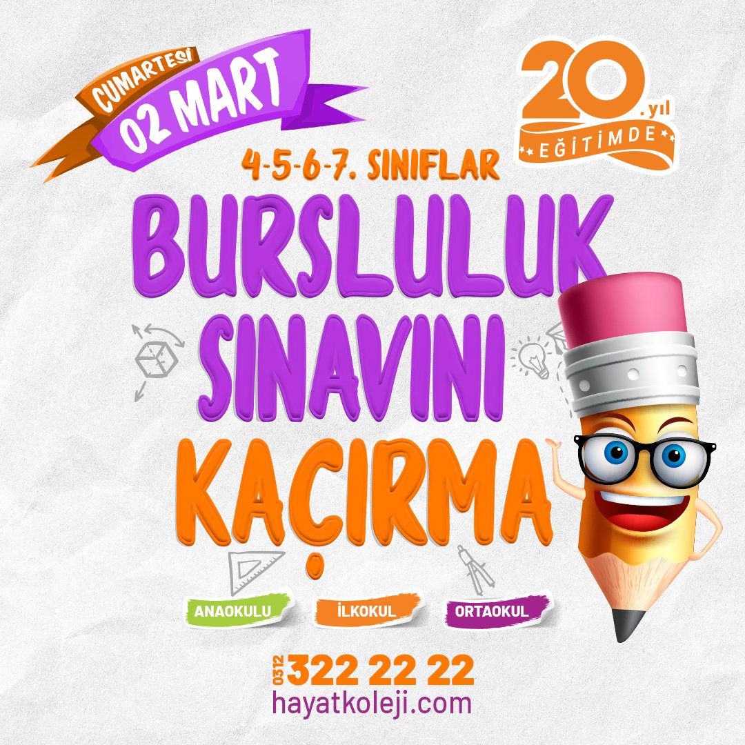 Hayat Koleji Bursluluk Sınavı 2 Mart 2019'da 
Bursluluk Sınavını Kaçırma !
Sınava katılan her öğrenciye sürpriz hediyeler ve %10 Hayat Eğitim Kurumları Eğitim Bursu... hemen başvur hayatkoleji.com 
#bursluluksınavı #hayatbursluluksınavı
#hayatkolejibursluluksinavi