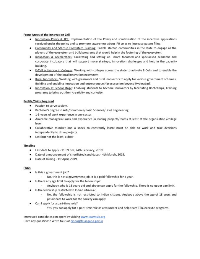 Like to work for Government? Prefer to take a break from your regular work? Here's an interesting one year (extendable) paid fellowship with Govt. of Telangana! 

Apply here lnkd.in/e5RYP4t
and be a part of 2nd cohort of Innovation fellows at TSIC. @KTRTRS <a href="/jayesh_ranjan/">Jayesh Ranjan</a>