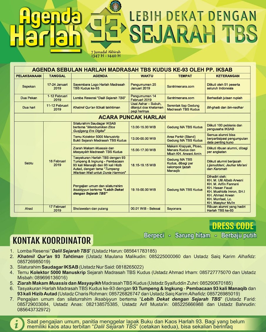 Rangkaian Kegiatan Harlah Madrasah TBS Kudus.

#HarlahTBS93
