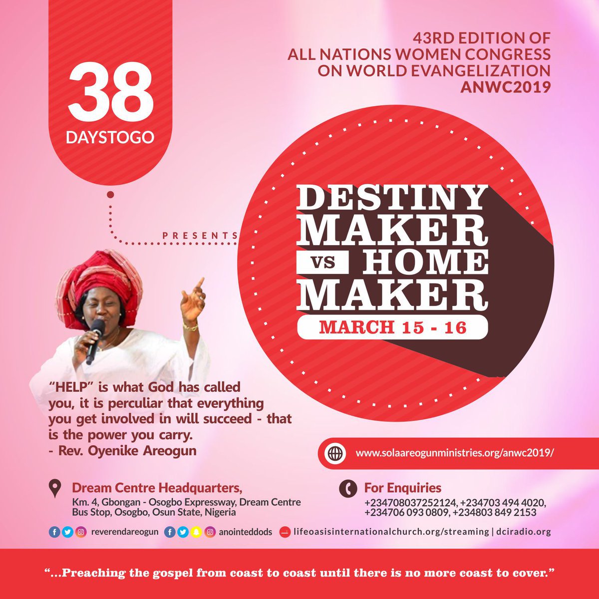 DCYAClub's tweet photo. 38 days to #ANWC2019
Join Rev Oyenike Areogun @ the 43rd edition- holding March 15-16, 2019
THEME: Destiny Maker vs Home Maker!
#WOMENOFGOD #Godlywoman #wife #woman #mother #Godlywife #Godlymother #RevOyenikeAreogun #Godlyhome #destiny #calling #HomeMaker #DestinyMaker #ANWC https://t.co/Skwwlfk0Fs