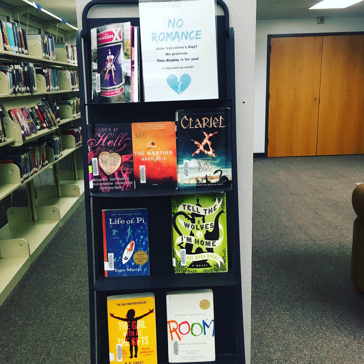 maroonlibrary's tweet photo. Not a fan of romance in your books? No problem! Check out our #antivalentinesday display at your #maroonlibrary https://t.co/v9Qcp42tsb