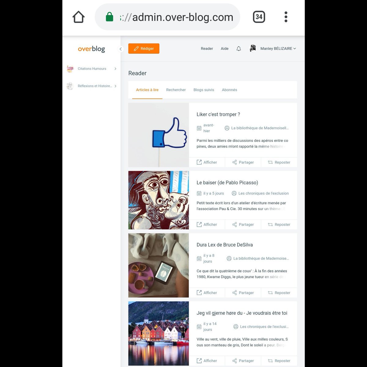 ManleyBelizaire's tweet image. Le reader de la nouvelle interface de @OverBlog est finalement disponible 🤓😉😊.

#Blogger #Overblog #Writer