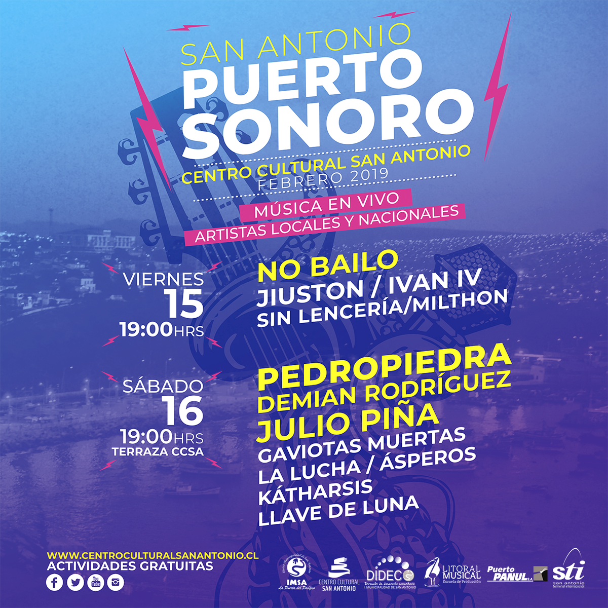 Atención!
Ya están disponibles los tickets para el Festival San Antonio Puerto Sonoro, actividad que se realizará el 15 y 16 de febrero ⛴️ 🎶 🤘
#PuertoSonoro #PedroPiedra #DemianRodríguez #JulioPiña #NoBailo