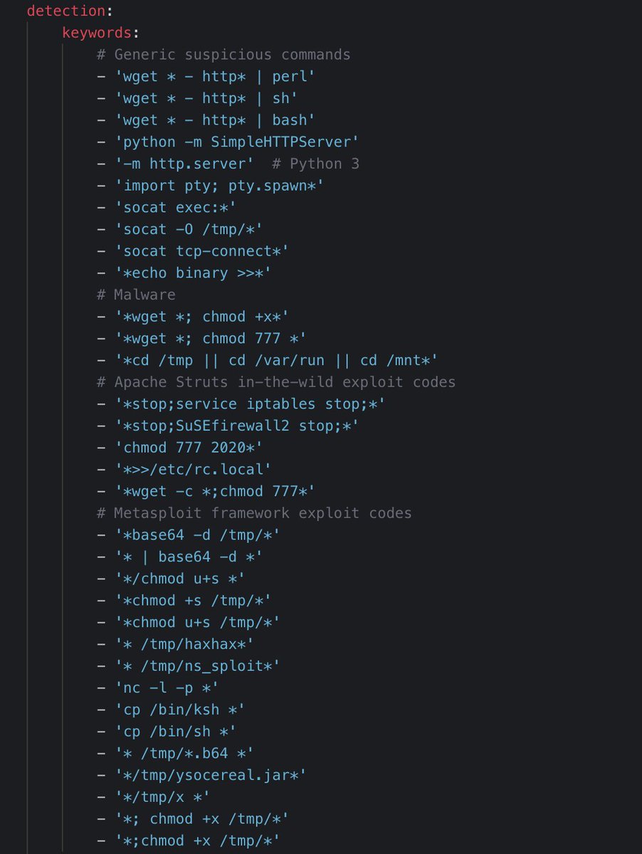 cyb3rops's tweet photo. I've extended the #Sigma rule for suspicious #Linux command lines

> Generic, malware, exploits, MSF code

Rule
https://t.co/c5udExlgJj

Please provide more such command sub strings as pull requests https://t.co/2B4Z0QskLC