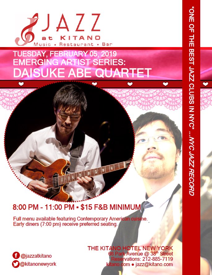 KitanoNewYork's tweet photo. Tonight’s Jazz at #JAZZatKITANO ! 8pm—11pm ~Daisuke Abe Quartet~ @daisukeabe #Jazz #NYC #Livemusic https://t.co/QAyzdO1sX0