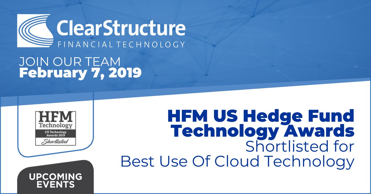 ClrStructure's tweet image. We are honored to be shortlisted for the upcoming 2019 US Hedge Fund Technology Awards for  #Best use of #cloudtechnology. Join us for a great evening recognizing the industries best. #hedgefundtechnology Learn more: ow.ly/wr7N50kCgVh