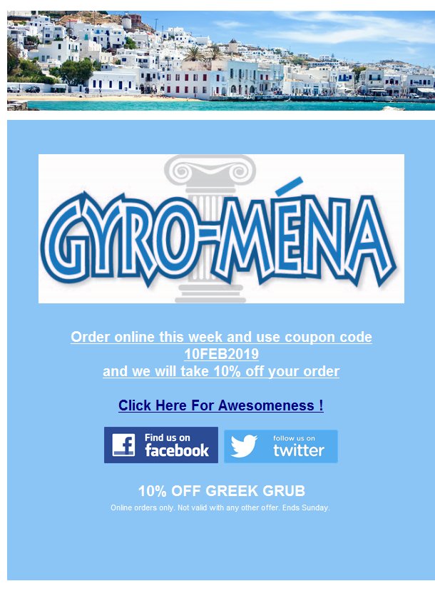 GyroMena's tweet photo. 10% OFF GREEK GRUB https://t.co/irzf19bQaI https://t.co/T9CPqLR8Hx
