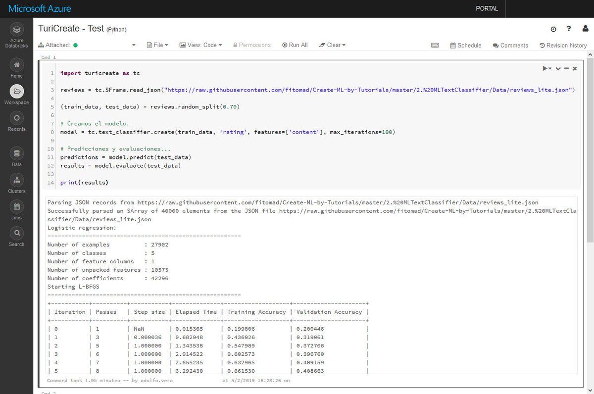 FitoMAD's tweet photo. Developing with TuriCreate on @Azure Databricks... Yes, It's possible 😜👨‍💻#TuriCreate #Azure #Databricks #MachineLearning #Apple https://t.co/S8lb2lMnsi