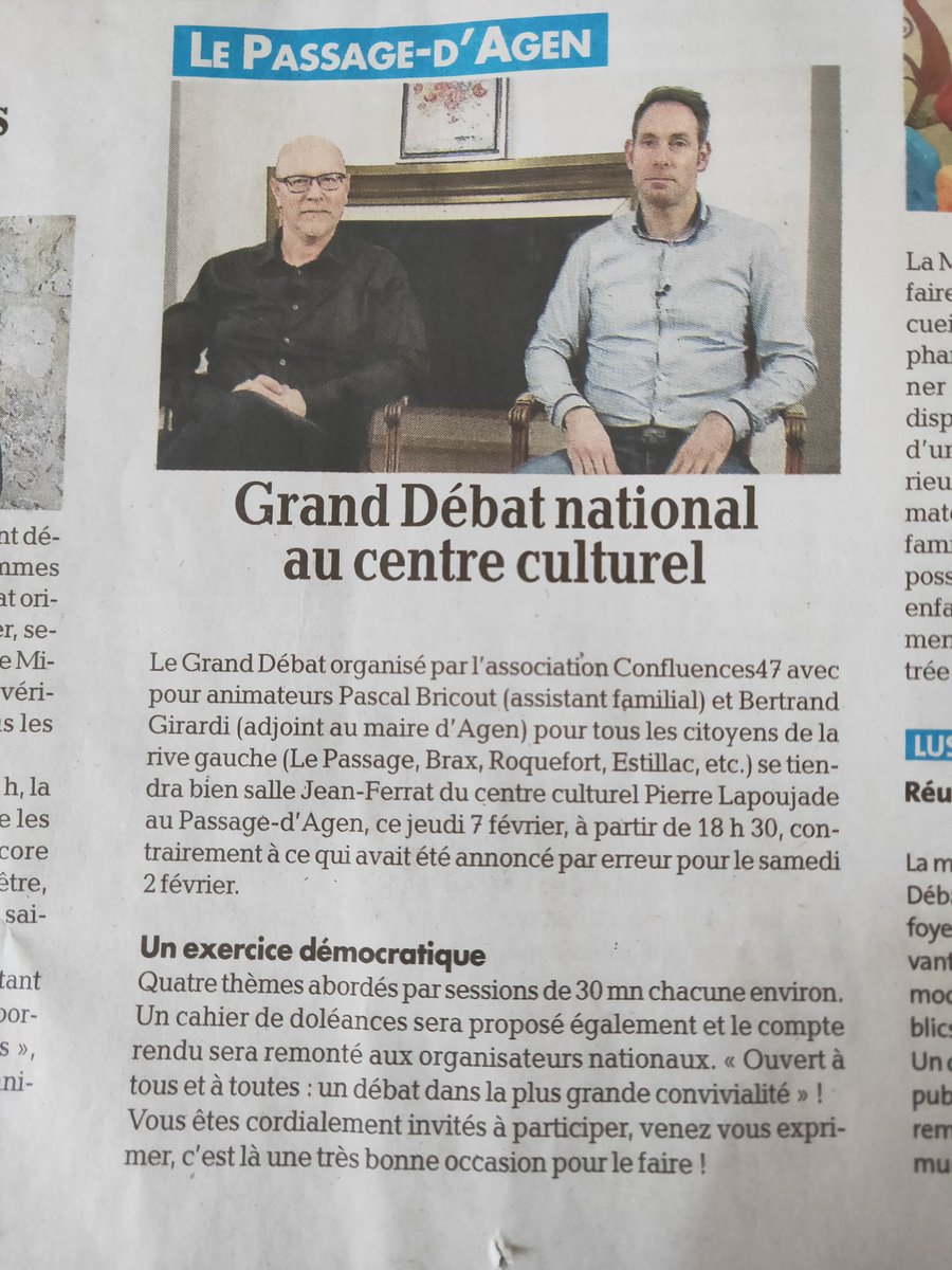<a href="/SebLecornu/">Sébastien Lecornu</a> Chez moi #GrandDébat jeudi 7 février à 18h30 Centre culturel du <a href="/passagedagen/">Le Passage d'Agen</a> avec <a href="/Confluences_47/">Confluences47</a> <a href="/bertrandgirardi/">Bertrand Girardi</a> 
Venez nombreux vous exprimer