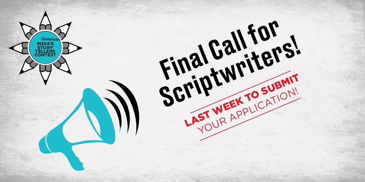 cinestaan's tweet image. ATTENTION writers! Last 7 days to submit the synopsis of your script for India’s Biggest #ScriptContest! The Best Script wins Rs.25 Lakh, and Rs. 50 Lakh overall cash prizes to be won! Apply here: bit.ly/Apply_Storytel… #CinestaanStorytellers