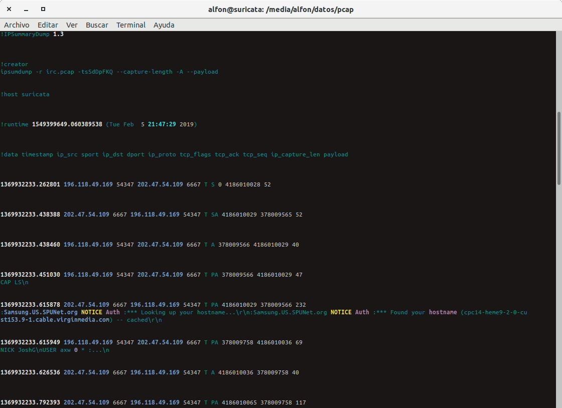 seguridadyredes's tweet photo. #Trasteando con #ipsumdump
ipsumdump -r irc.pcap -tsSdDpFKQ --capture-length -A --payload | awk '{print $1"\n"$2"\n\n"}' FS=\" | fold -w150 |ccze -A https://t.co/aBMXR6PKuO