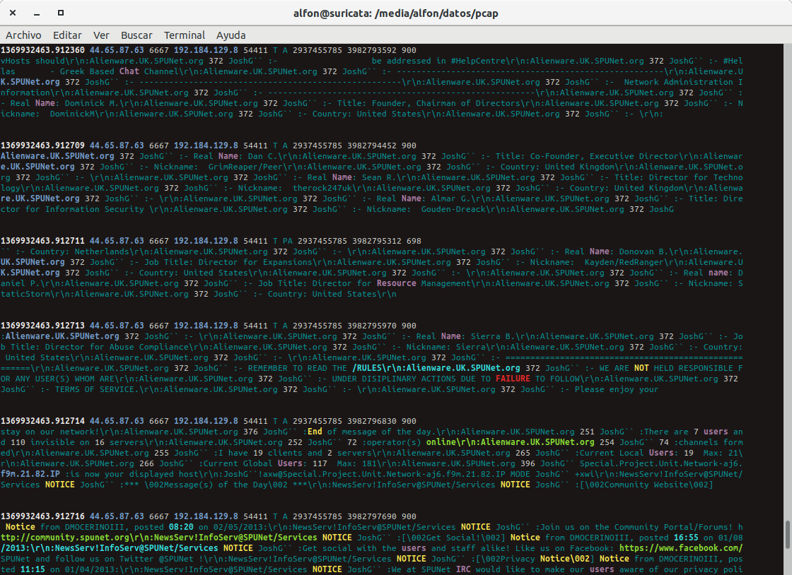 seguridadyredes's tweet photo. #Trasteando con #ipsumdump
ipsumdump -r irc.pcap -tsSdDpFKQ --capture-length -A --payload | awk '{print $1"\n"$2"\n\n"}' FS=\" | fold -w150 |ccze -A https://t.co/aBMXR6PKuO