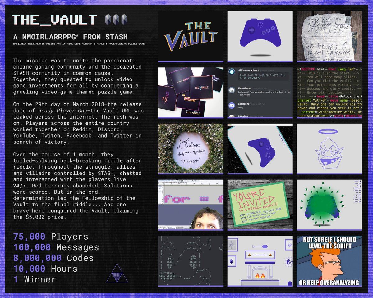 Stash's tweet photo. Hark! We are honored &amp; humbled The_Vault has made @TheOneClub #OSawards shortlist for digital games alongside fellow nominees @WestworldHBO &amp; @SNICKERS. For their courage, we thank our Heroes, who presently toil bravely seeking The_Vault 2. #unlockthevault https://t.co/6zxqNuF5gt https://t.co/JqyMN11XfV