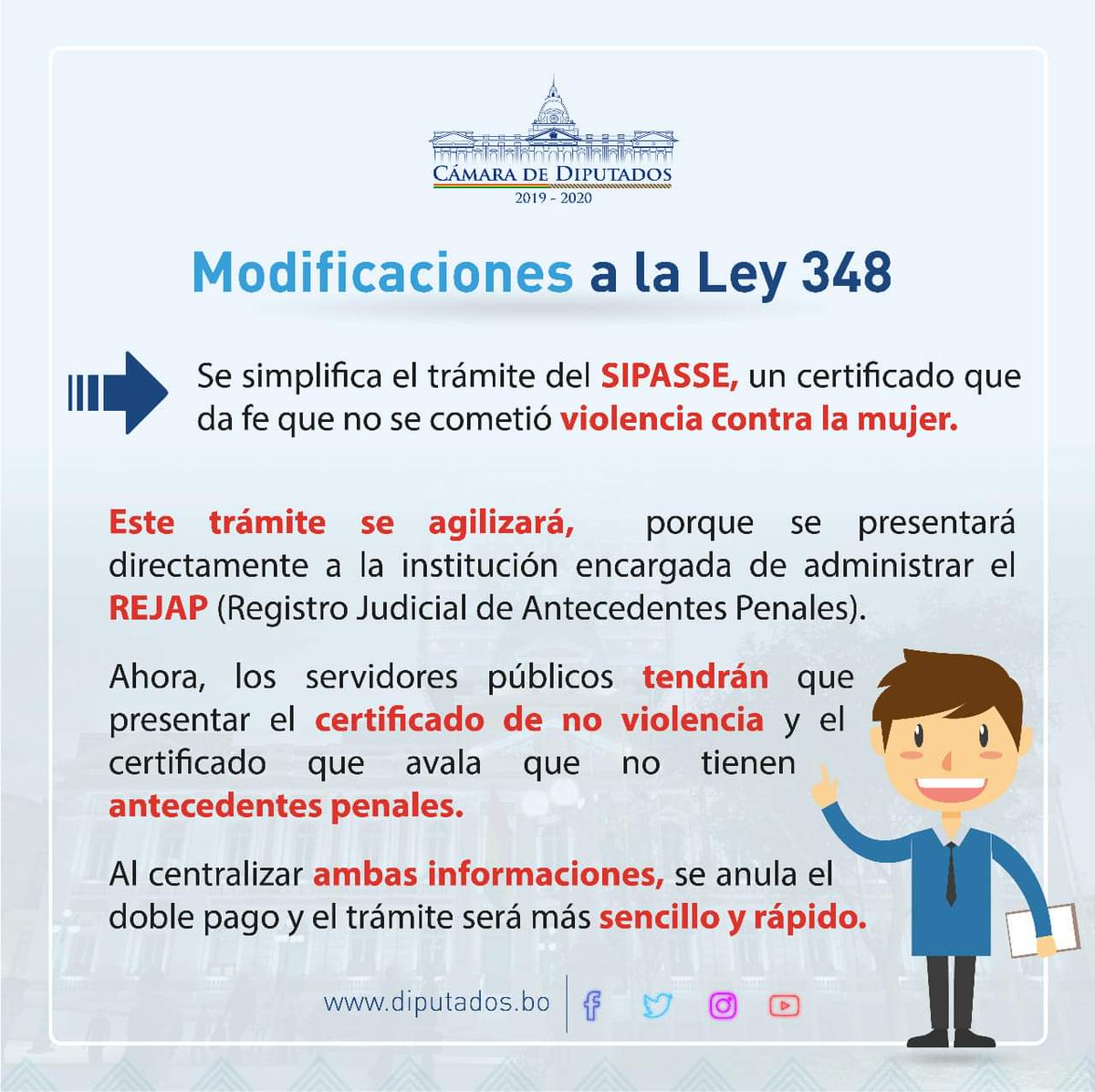 JusticiaBol's tweet photo. SIMPLIFICAN EL TRÁMITE DEL #SIPASSE, AHORA SE PRESENTARÁ DIRECTAMENTE EN EL #REJAP

📄#NotaCompleta: https://t.co/pBZ9h5Dyc3 https://t.co/AervgwrGVP