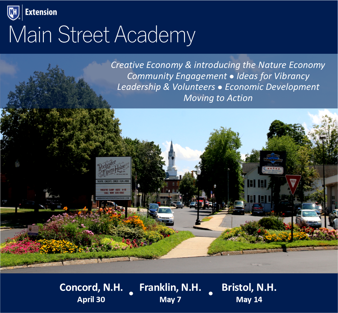 Interested in revitalizing your main street? Visit 3 N.H. communities in different stages of revitalization and learn strategies to bring vibrancy to your downtown at Main Street Academy. Learn more: extension.unh.edu/events/main-st…
