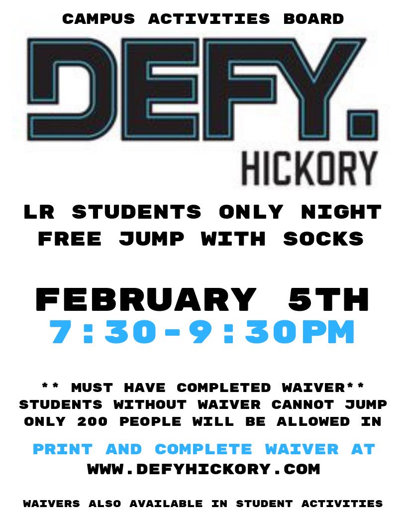 lru_cab's tweet photo. Tonight students get in free at DEFY Hickory! 7:30-9:30, first 200 students! Socks are included. We will have printed waivers to fill out at the door, YOU MUST FILL OUT A PAPER WAIVER, even if you’ve already been before! See you bears tonight!🐻 https://t.co/K3nfkdHlrM