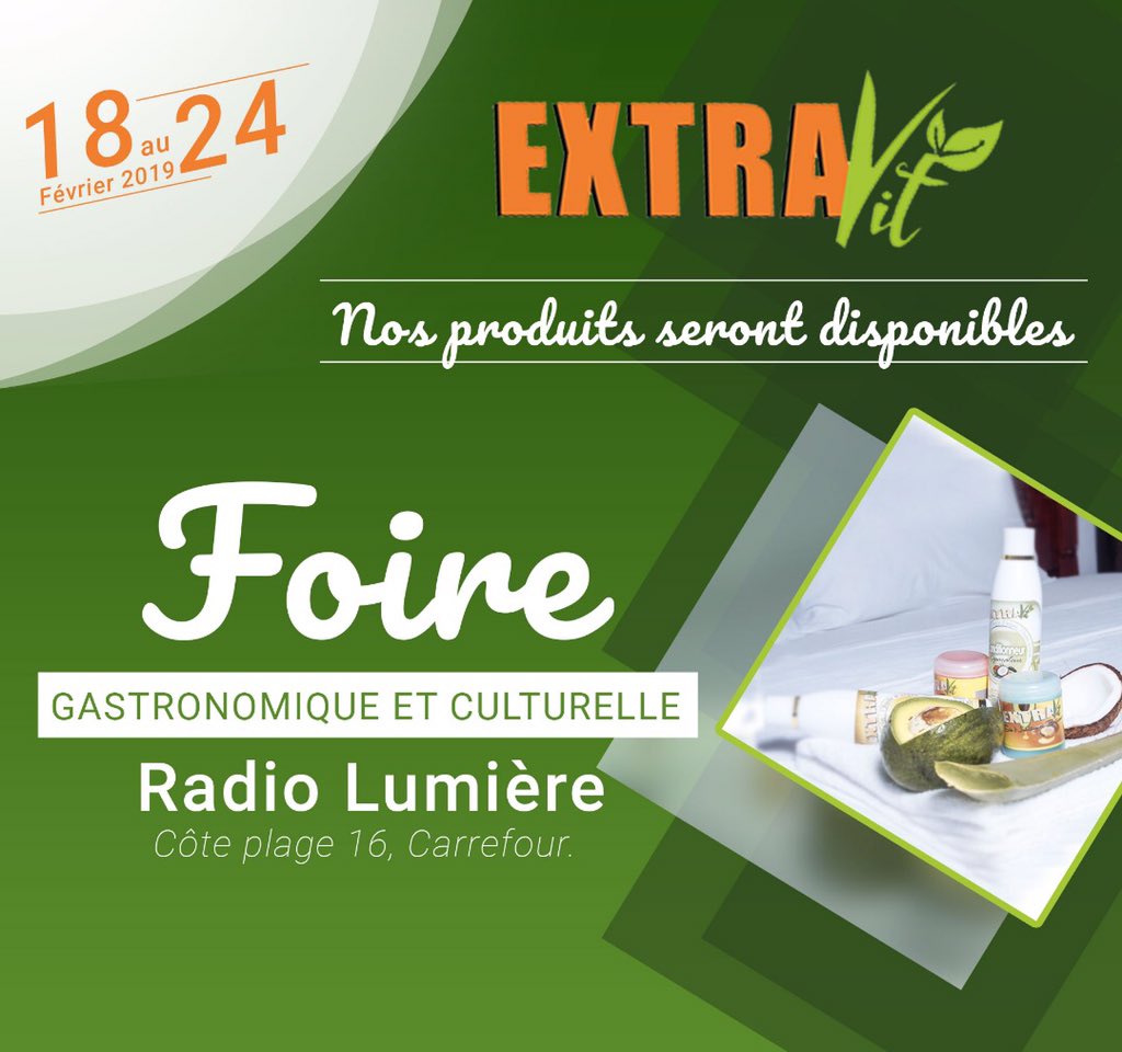produitextravit's tweet photo. Nous vous invitons à nous retrouver à la foire gastronomique et culturelle du 60eme anniversaire de Radio Lumière du 18 au 24 juin 2019 à 📍Côte Plage 16🏖 Carrefour 
#extravit #foiregastronomique #foireculturelle #radiolumiere #60eme #haiti #carrefour #christian https://t.co/bX85aS208g