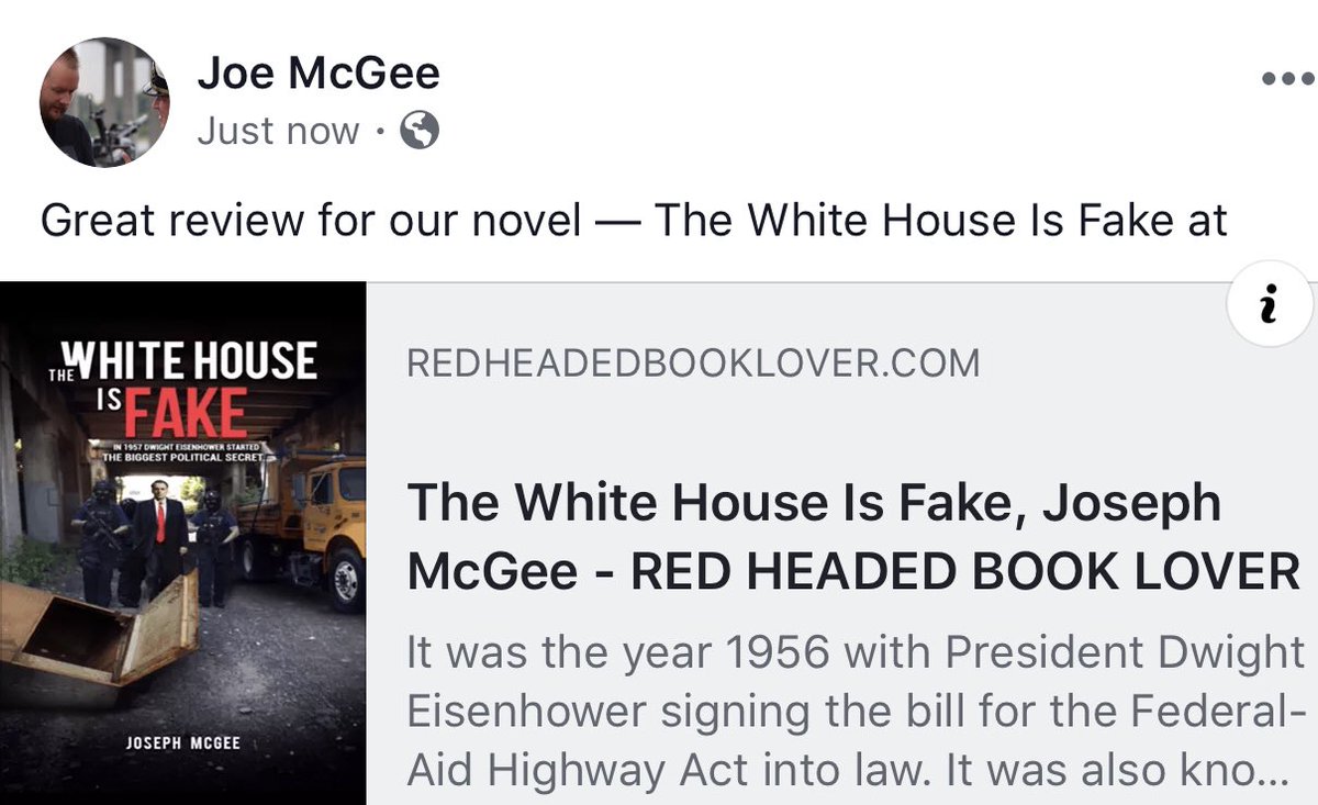 WhiteHouseFake's tweet photo. Great book review for — The White House Is Fake at https://t.co/KZinklak4x #political #thriller #authorct #conspiracy #supernatural #ghosts #eisenhower #highway #tuesdayreads #thewhitehouseisfake #news #fakenews https://t.co/mrbzdx8OZv