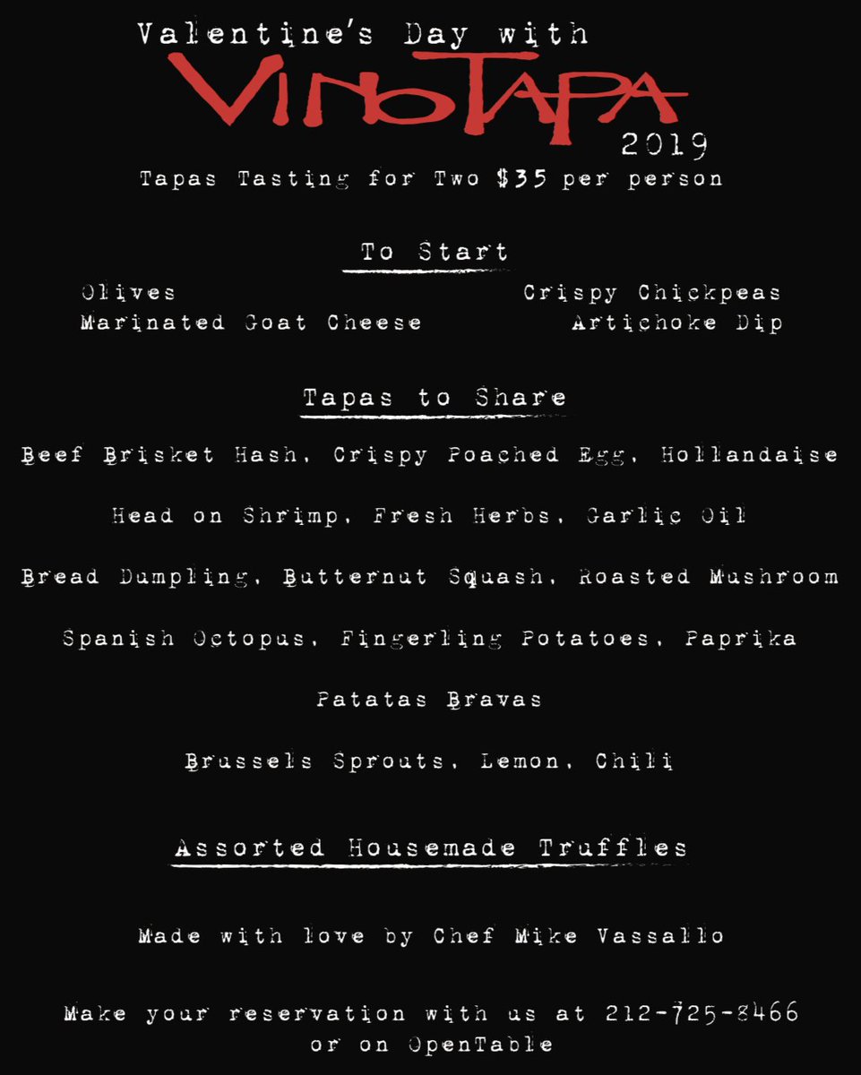 Our Valentine’s Day Menu is here! Join us for our amazing Tapas Tasting for Two, only $35 per person. Everything on this menu is included! Don’t delay, available seating is limited. Make your reservation today! 
☎️:(212)725-8466 #valentinesday #tapastasting #reservations