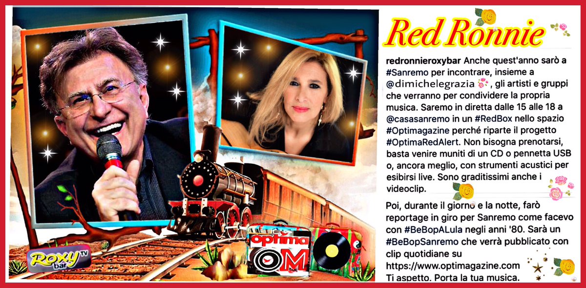 eleutheriana's tweet photo. Dal 6 al 10 febbraio riparte il progetto #OptimaRedAlert con i fantastici @RedRonnie e @dimichelegrazia in diretta dalle 15 alle 18 @CasaSanremoffic in un #RedBox dove si potranno esibire artisti e gruppi con la propria musica! @RoxyBarFans https://t.co/YlcpFWsDDT