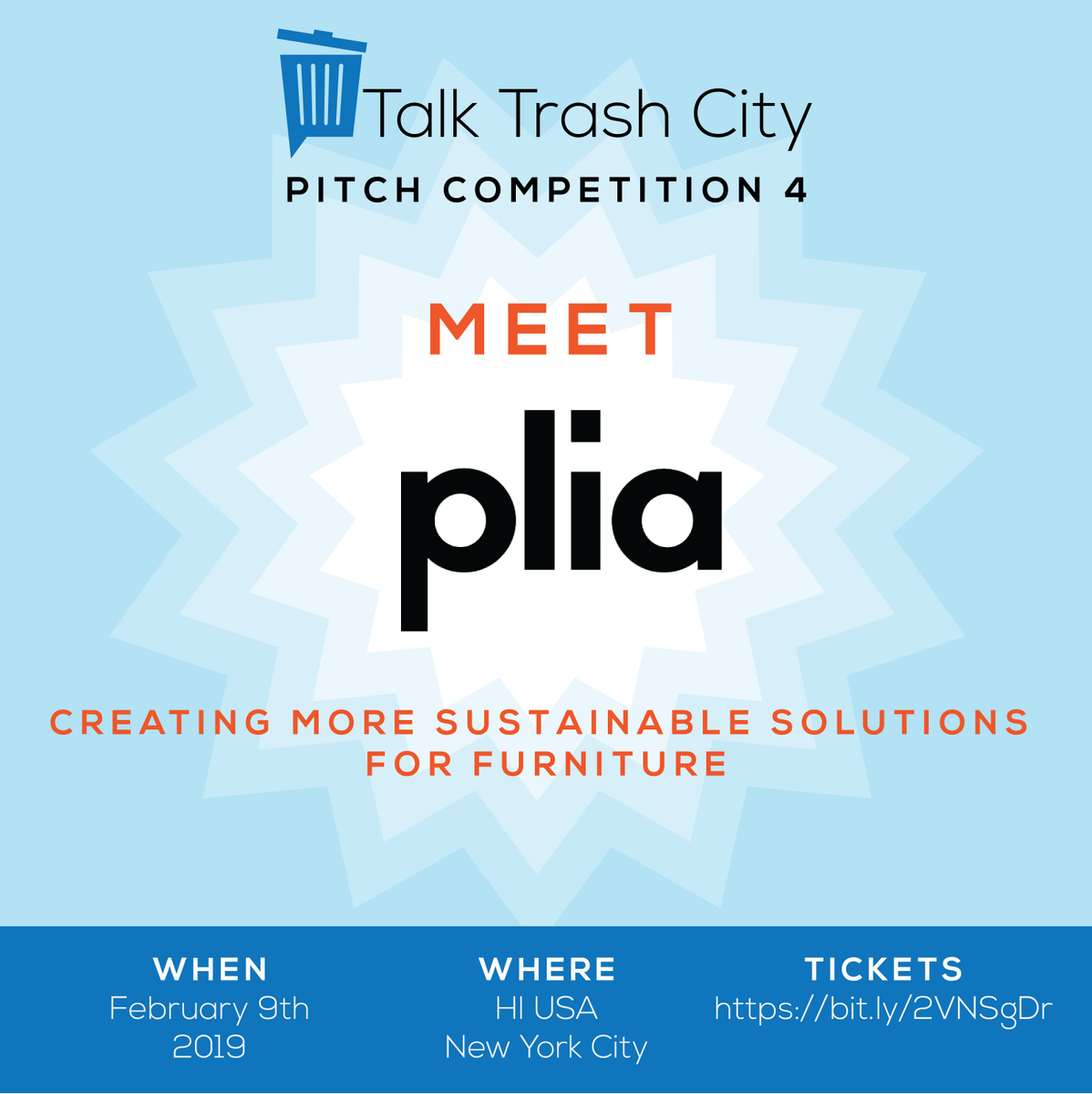 Meet Plia, a company investigating material innovation, fabrication methods, and design for disassembly to create more sustainable solutions for furniture. See them pitch on 2/9. Tickets at bit.ly/2VNSgDr #nyc #zerowaste #TTC4 #talktrash