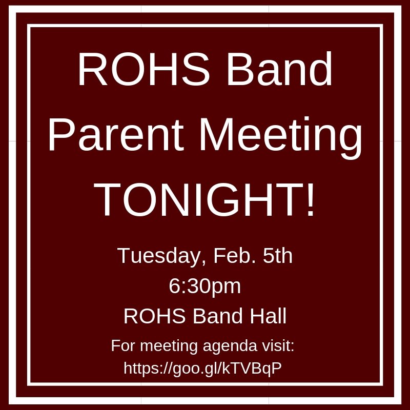 Red_Oak_Band's tweet photo. All current ROHS Band members: Please join us for a very important parent meeting tonight at 6:30pm in the ROHS Band Hall! For a meeting agenda please visit: https://t.co/xEuIxc1BdW
@redoakisd #mightyhawkband https://t.co/QKxrVouzMD
