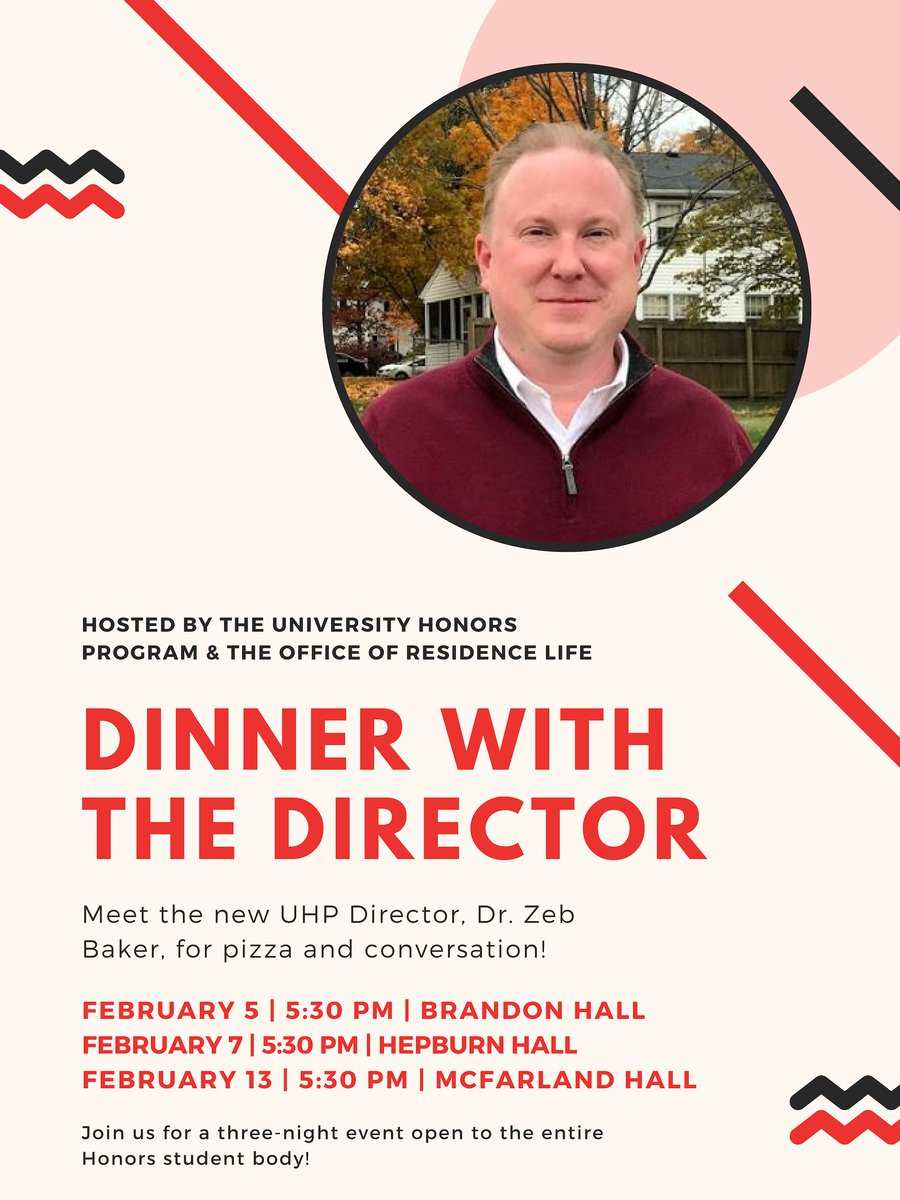 miamiohhonors's tweet photo. Tonight! Join us in welcoming Dr. Baker as new Director of the University Honors Program. Come for the pizza, stay for the conversation. This three-night event begins tonight in Brandon Hall. 5:30-6:30 PM. All Honors students are invited! @miamiHSAB https://t.co/qYsGRBRl9I