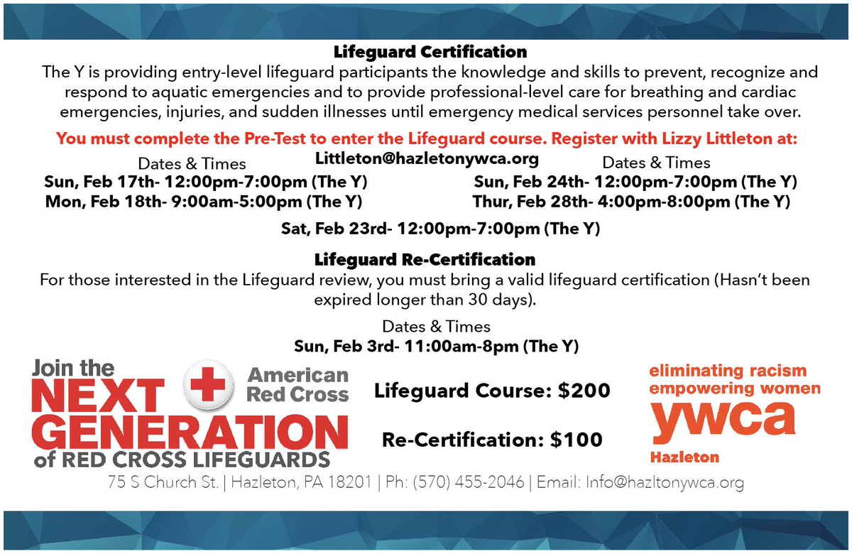 Hazleton YWCA (@hazletonywca) on Twitter photo There's still time to sign up for the lifeguarding pretest to get your certification.
SIGN UP NOW!!!
Contact Lizzy Littleton at Littleton@hazletonywca.org
#HazletonYWeCareAboutU There's still time to sign up for the lifeguarding pretest to get your certification.
SIGN UP NOW!!!
Contact Lizzy Littleton at Littleton@hazletonywca.org
#HazletonYWeCareAboutU