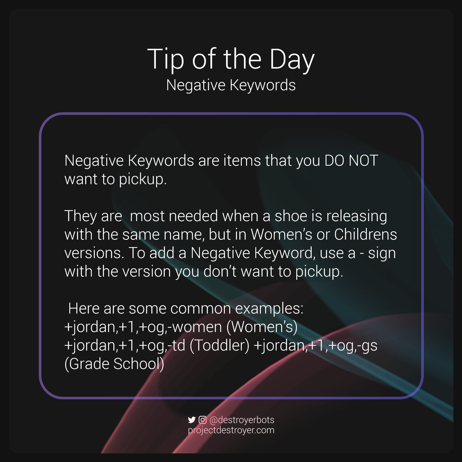 Project Destroyer Pdtips Use Negative Keywords To Prevent You From Purchasing Unwanted Items When Using Pd For Various Drops Check Out The Graphic Below For Examples On How To Use