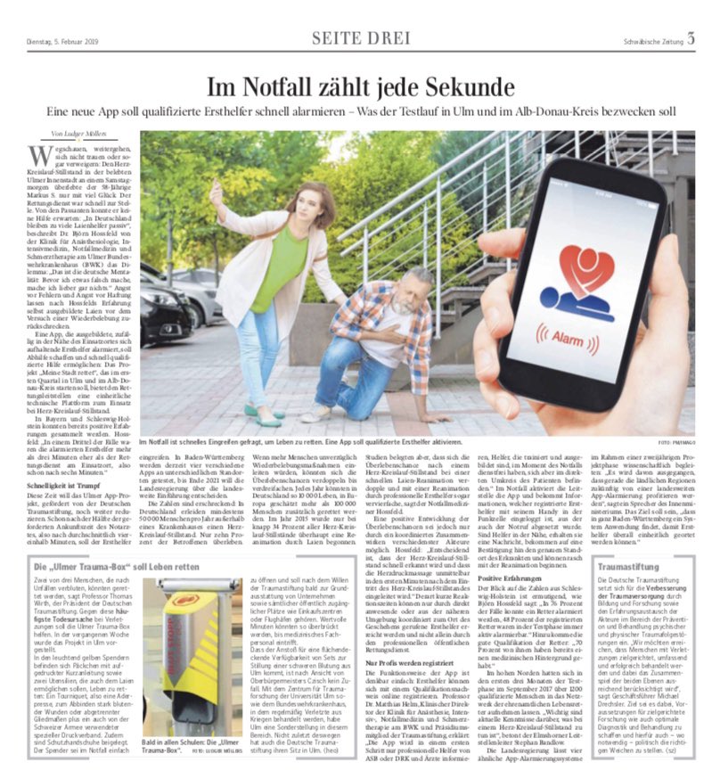MSrettet's tweet image. Presseschau 📰🔎: Heute war unsere #Ersthelfer-Initiative Meine Stadt rettet groß in der @Schwaebische Zeitung unter dem Titel “Im Notfall zählt jede Sekunde”! Anlass ist ein Testlauf der App in #Ulm und Alb-Donau-Kreis.