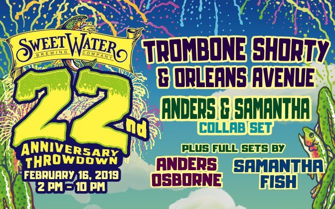 sweetwaterbrew's tweet photo. ringing in 22 years of heady brews on 2/16. got your tix yet? https://t.co/OqO5GIl1mX @Tromboneshorty @Anders_Osborne @Samantha_Fish https://t.co/VZsicyBofR