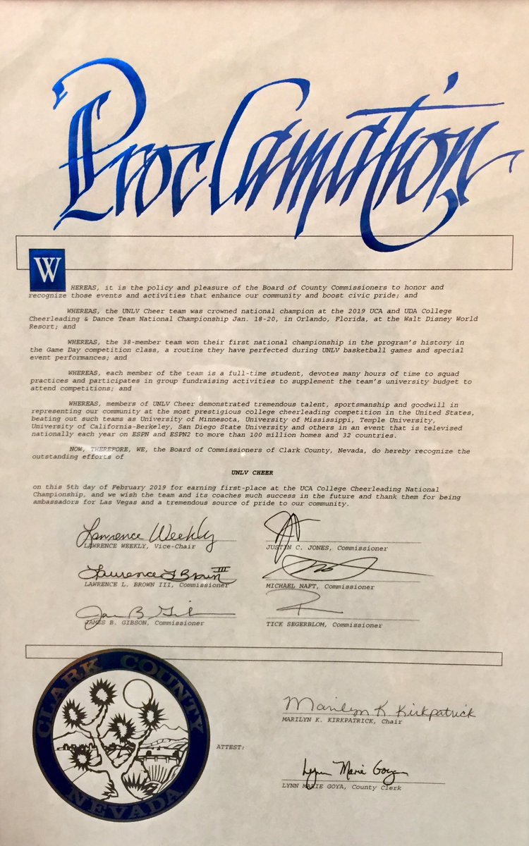 ClarkCountyNV's tweet photo. #ClarkCounty Commissioners honored the @UNLVCHEER team with a proclamation today recognizing their 1st place performance at the recent #UCANationals Competition. These student-athletes put in a lot of time &amp; effort &amp; are an important part of supporting @UNLVathletics! #Vegas https://t.co/vaQ0qtVdq2