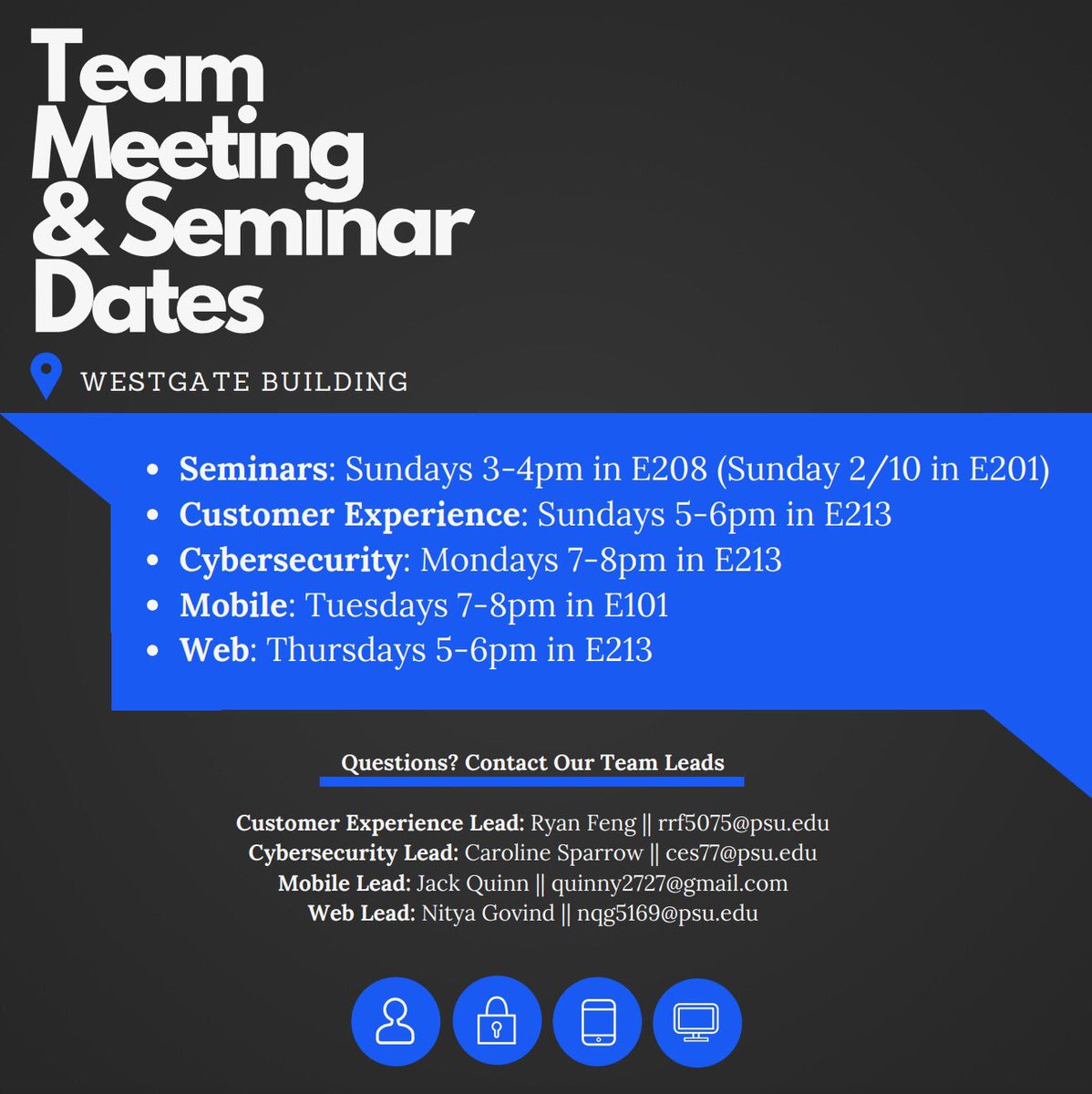 ICGPSU's tweet photo. Our official meeting dates for the Spring 2019 semester!! We hope to see everyone get involved in a team and attend our new weekly seminars! #ISTCG https://t.co/WDnx4pL9cd