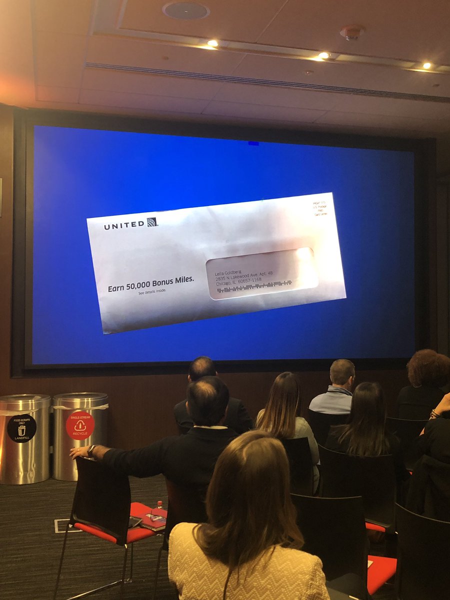 faris's tweet photo. Personalization that is just a name is meaningless unless you know the customer and change offerings, comms and UX in response 
(Flights purchased on United Credit card, United site tries to upsell same card as does mailing) #DominatingDigital https://t.co/Sml8zimpdl