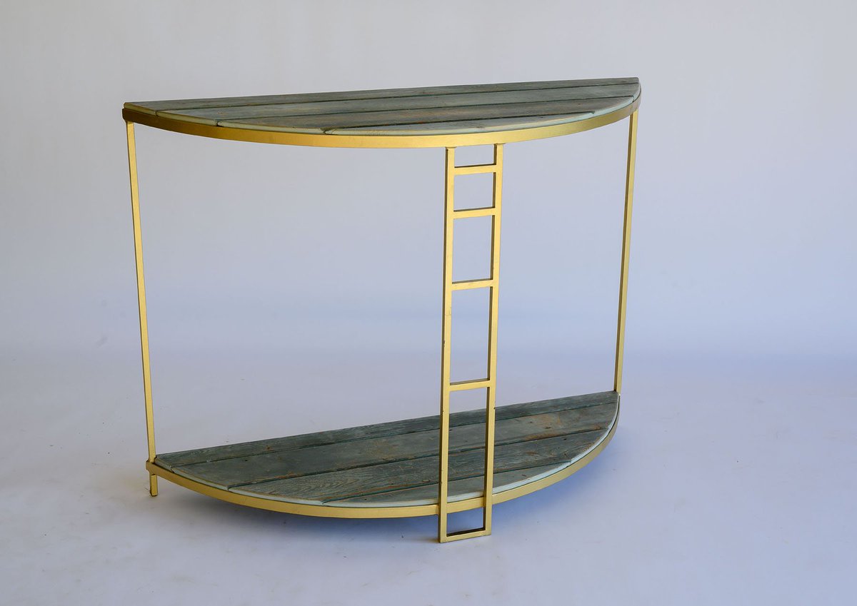 Need to add a bit of colour to your home decor? How about this #artdeco inspired half-moon table with blue #reclaimedfloorboards &amp; gold finished #metalwork? Everything made to customer specification. #NorthumberlandDesigners
