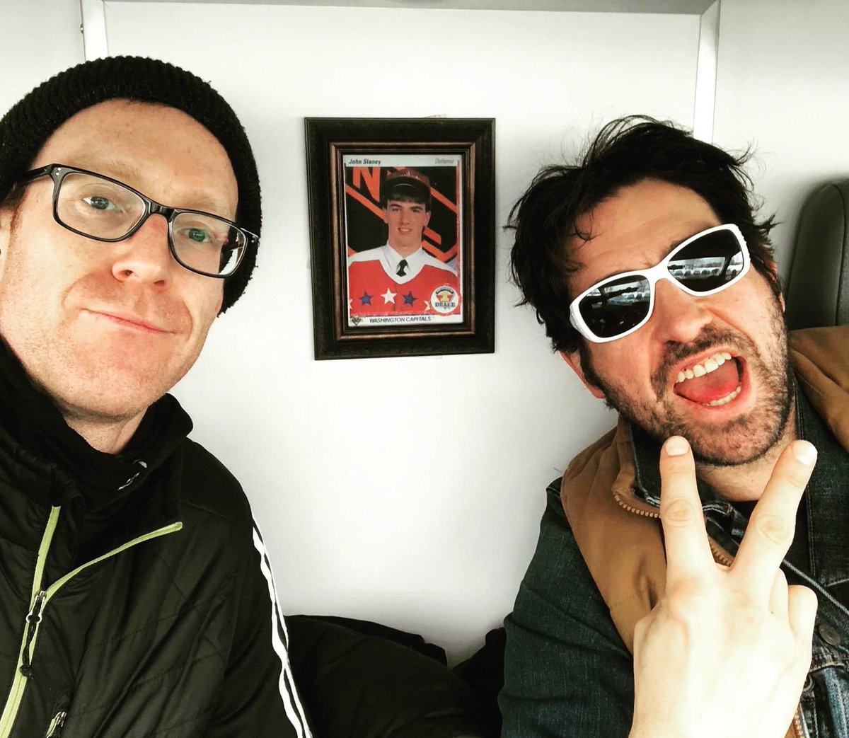 terryryan20's tweet image. &quot;Dr&quot; Andy Pyne &amp;amp; I in our &quot;office&quot; #WorkCube #SetDressing #InspectorRex @CTV You will note the presence of our lucky &apos;91 enlarged John Slaney (@NLtweets) rookie card #UpperDeck @UpperDeckSports @SNKenReid @NHL #NationalHockeyLeague @3MIPodcast @OHLHockey @StevePowerNL