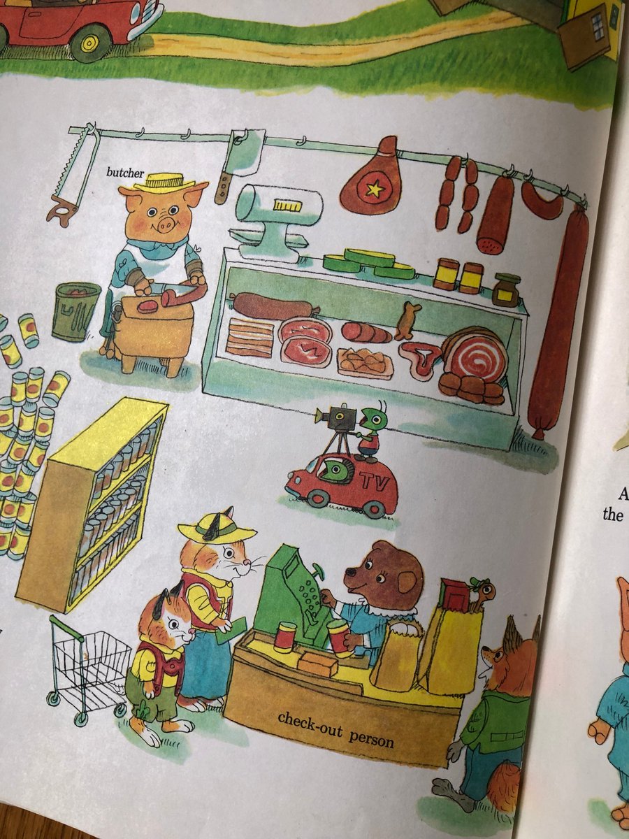 Curious_Sue's tweet photo. Here's a pig...that is a butcher...oh dear.  Vintage children's books are full of fun. #YearOfThePig https://t.co/dawzsY2NtO