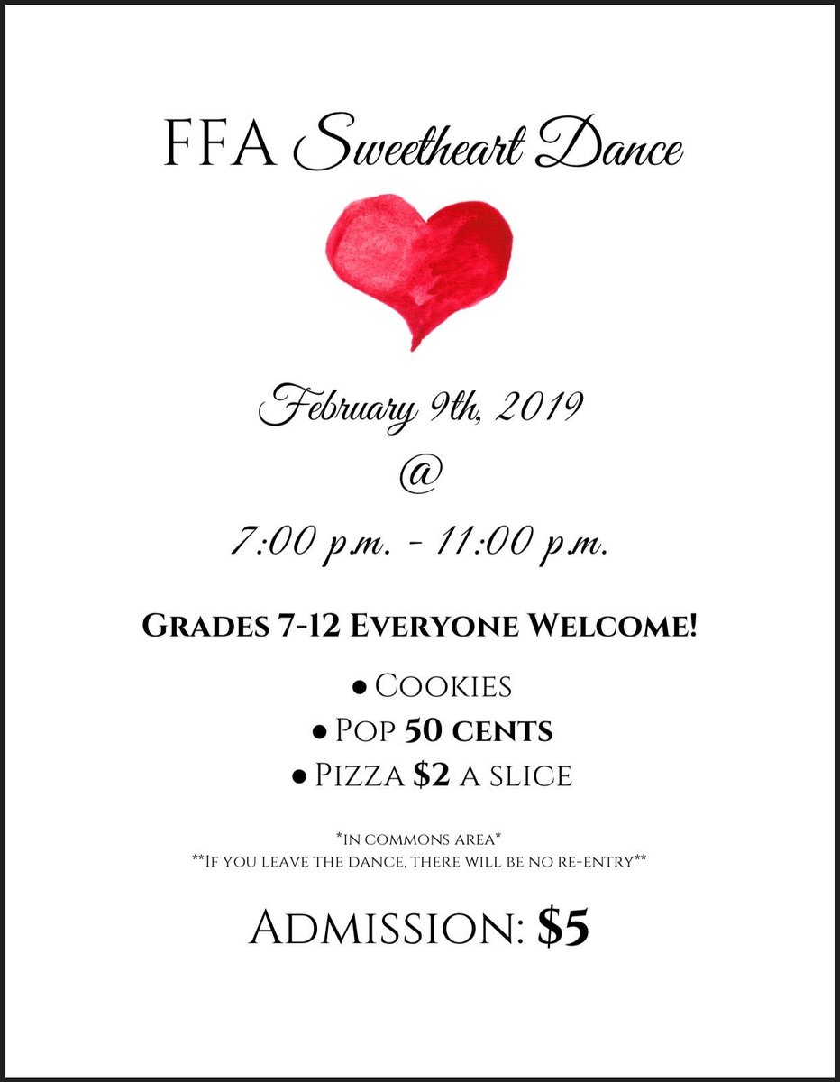 The FFA Sweetheart Dance is coming up this Saturday!! Please bring your dancing shoes and sweetheart! Be ready for a great time with food and friends! ❤️